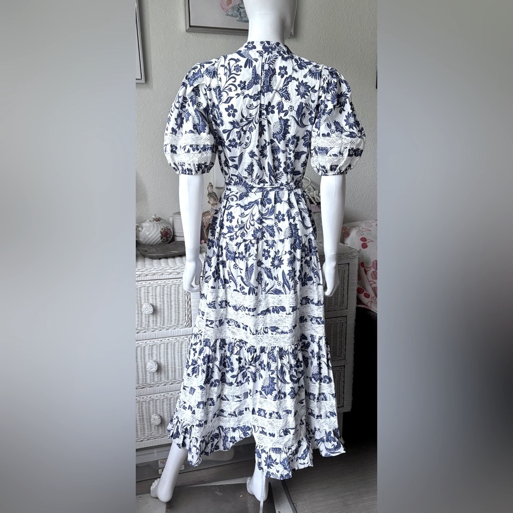 Pinch Midi Dress Lacey Cotton Tiered Floral Removable Belt Blue & White Size M - Picture 4 of 11